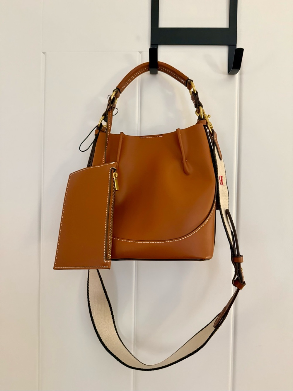Zara cavas faux leather bucket bag with “b” embroidered canvas strap